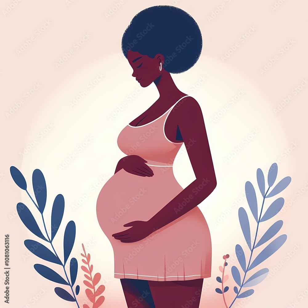Pregnant black woman standing, flat style illustration Pregnant black woman standing, flat style illustration
