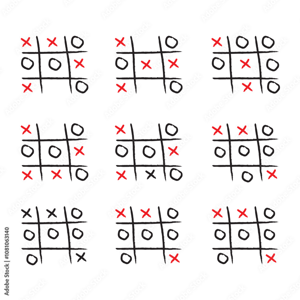 Tic tac toe doodle. Hand drawn sketch tic tac toe kids game. X-O children game set. Win in tictactoe. Vector doodle illustration isolated on white background. Tic tac toe doodle. Hand drawn sketch tic tac toe kids game. X-O children game set. Win in tictactoe. Vector doodle illustration isolated on white background.