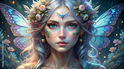 A close-up portrait of a fairy with glowing butterfly wings and floral accents, symbolizing beauty, fantasy, and ethereal elegance in a magical dreamlike setting.