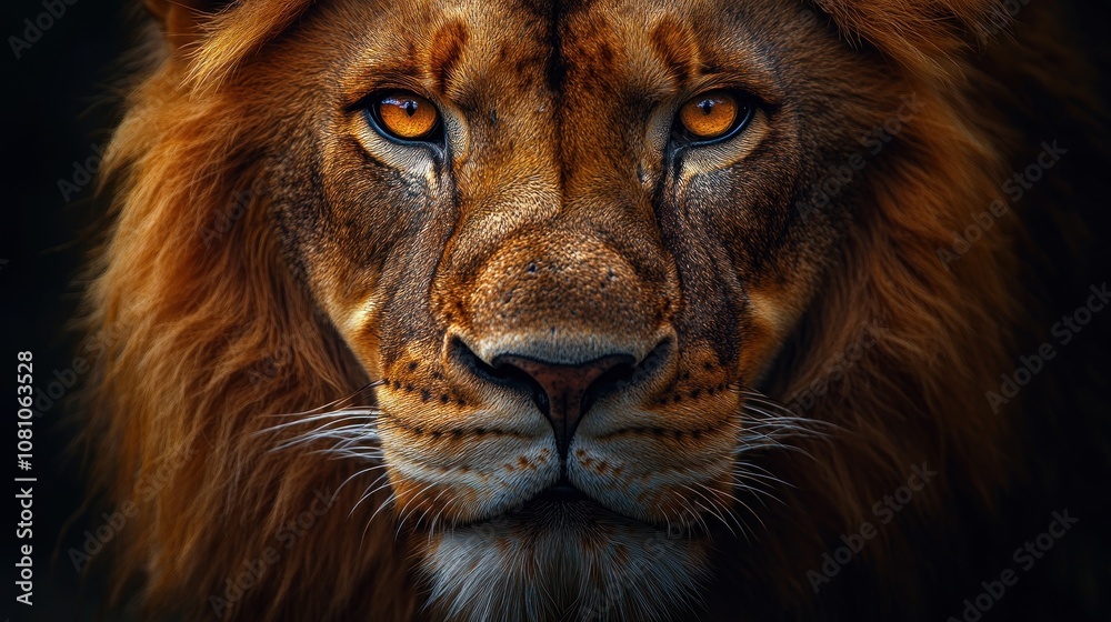 Close-up portrait of a majestic lion with intense amber eyes staring directly at the camera. Close-up portrait of a majestic lion with intense amber eyes staring directly at the camera.