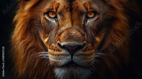 Close-up portrait of a majestic lion with intense amber eyes staring directly at the camera.