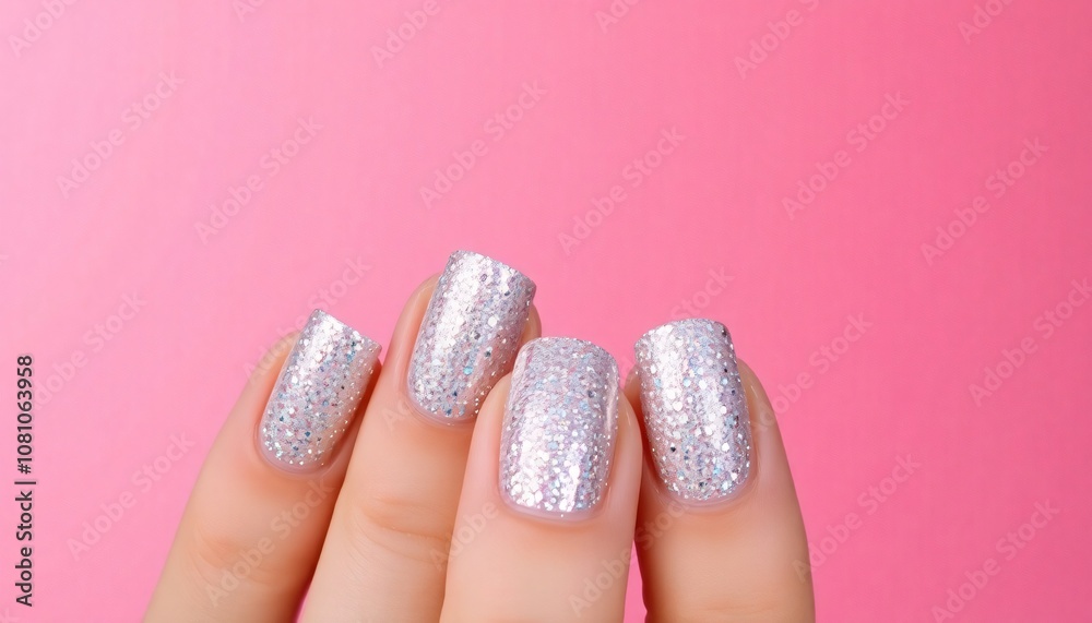 a woman ' s nails with silver glitter on them a woman ' s nails with silver glitter on them