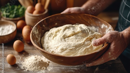 A person gently kneads fresh dough in a wooden bowl, surrounded by eggs and flour, in a warmly lit kitchen, evoking feelings of tradition and home warmth.