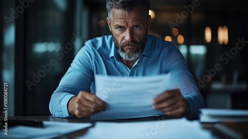 A man with a serious expression is deeply focused on reading documents at a dimly lit desk, capturing a moment of concentration and dedication in a work setting.