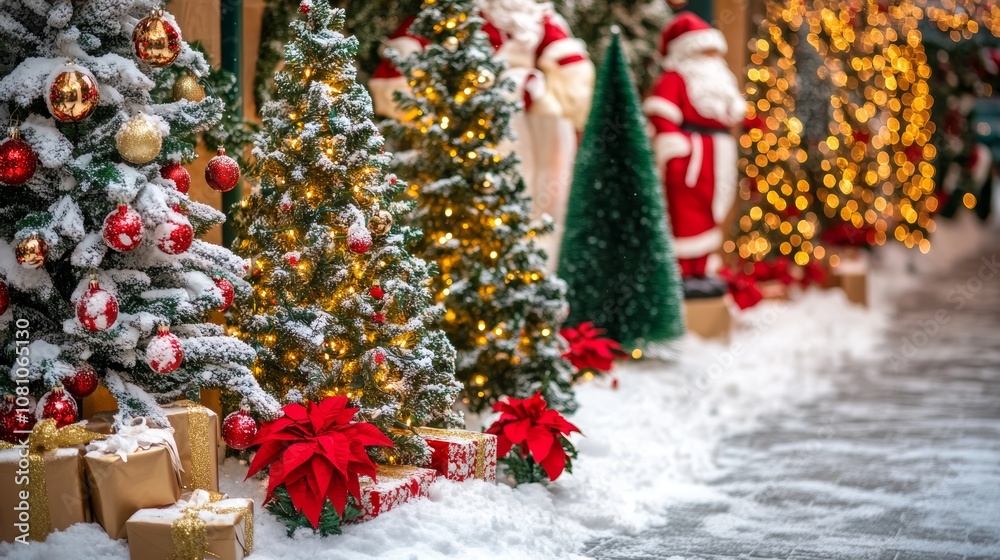 Fototapeta premium Snow-dusted Christmas trees adorned with gifts, capturing a festive winter scene.