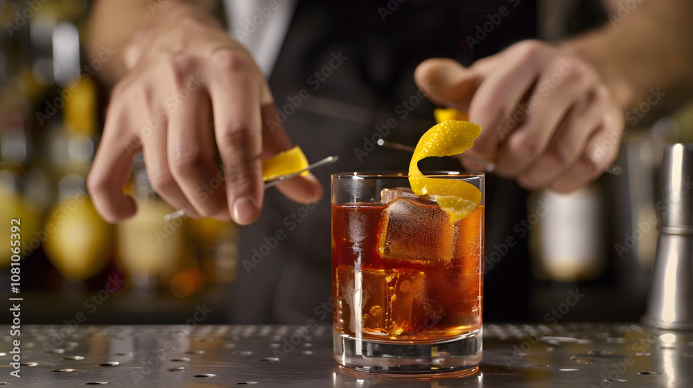 Mixologist expertly adds final touch to cocktail creation, elegantly garnishing with flair and finesse. Mixologist expertly adds final touch to cocktail creation, elegantly garnishing with flair and finesse.