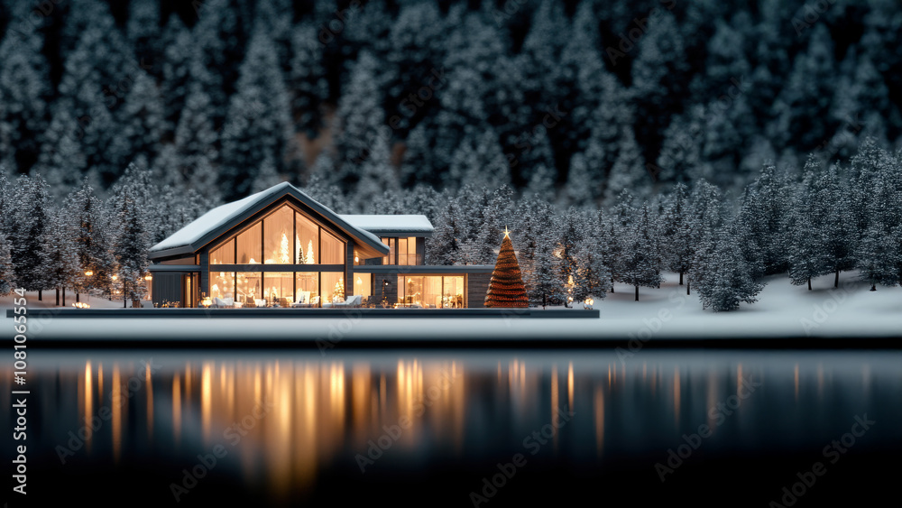 Fototapeta premium A modern house sits by a calm lake, surrounded by snow-laden trees, with reflections and a softly illuminated interior offering warmth amid winter solitude.