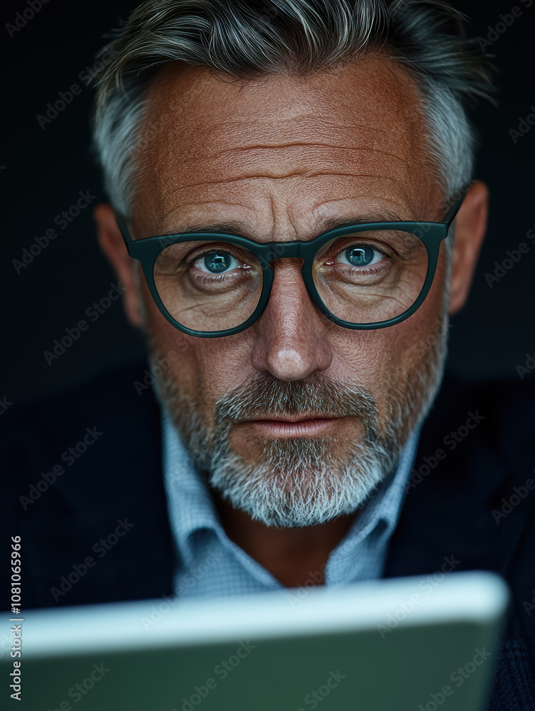 A mature tired man with glasses looks intently at a laptop, his eyes reflecting curiosity and focus, embodying wisdom and concentration. A mature tired man with glasses looks intently at a laptop, his eyes reflecting curiosity and focus, embodying wisdom and concentration.