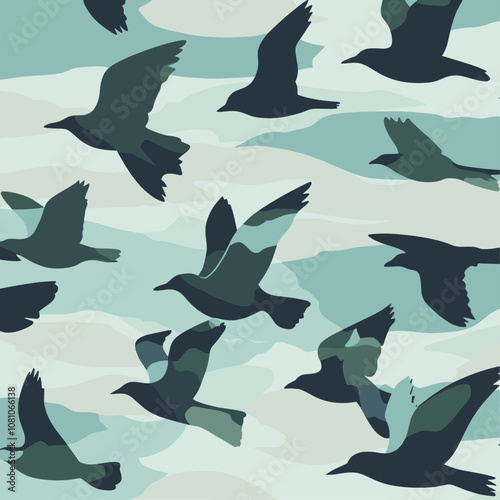 Birds in flight silhouette over cool blue-gray sky, serene nature art with soft green accents, trendy motif, trendy pattern, vector illustration, wallpaper design, modern decor. photo