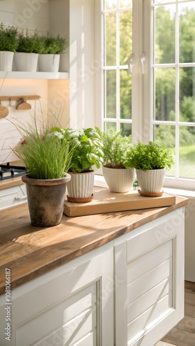 Herbs potted on a kitchen countertop with sunlight filtering through the window