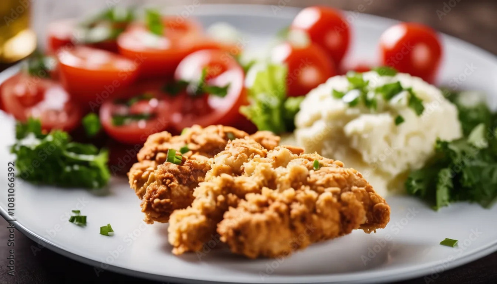 Breaded chicken with mashed potatoes and tomato salad, ai Breaded chicken with mashed potatoes and tomato salad, ai