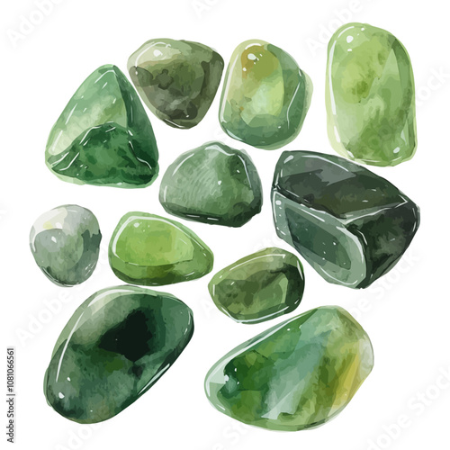 A watercolor painting of a set of aventurine stones, isolated on a white background. Aventurine stones vector.