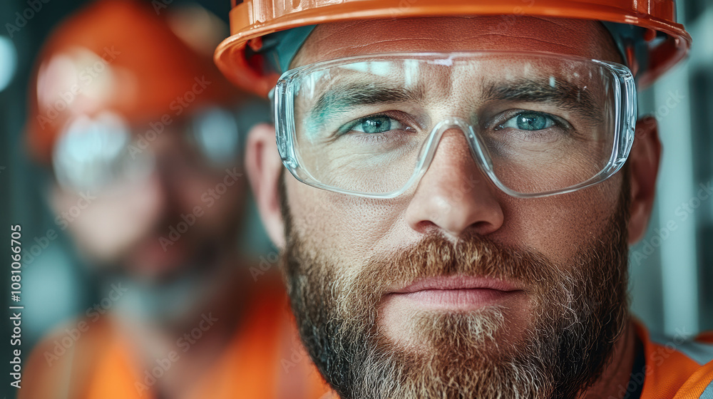 A bearded construction worker, clad in safety gear and a helmet, focuses intently amidst an industrial backdrop, epitomizing diligence and precision. A bearded construction worker, clad in safety gear and a helmet, focuses intently amidst an industrial backdrop, epitomizing diligence and precision.