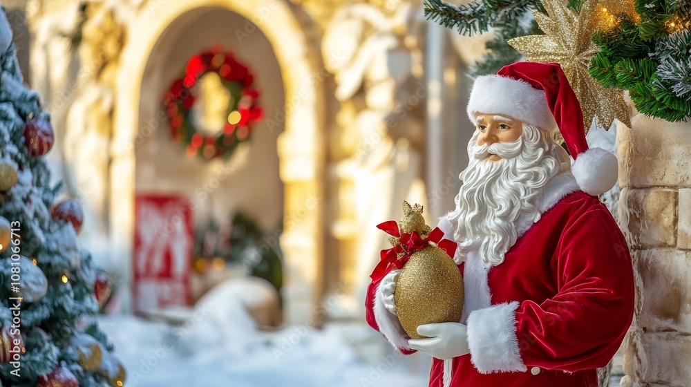Santa Claus cheerfully waving outside a snowy house. Santa Claus cheerfully waving outside a snowy house.