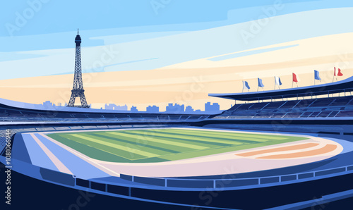 Minimalist Paris Olympic Stadium Vector with Eiffel Tower Background