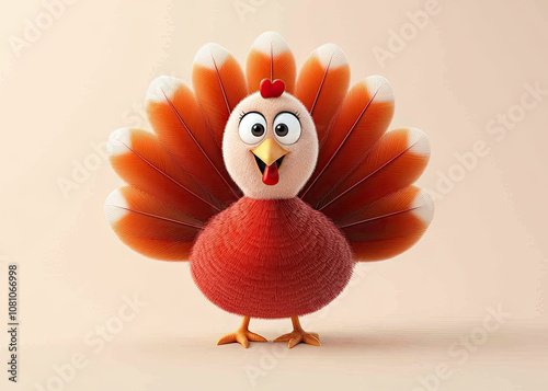 An animated turkey with vibrant orange feathers joyfully flaunts its plumage against a warm pastel backdrop, perfect for Thanksgiving cheer.