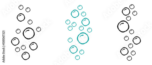 Water bubbles. Vector illustration of soap bubbles with different patterns. Champagne gas balloons in linear style.