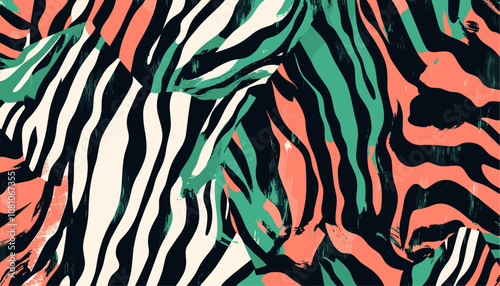 Intricate dark emerald zebra stripes, soft coral zebra print, hand-rendered design, trendy pattern, textile for fashion, home decor fabric, wallpaper for interiors, poster illustration.