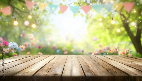 Blurred Party On Empty Wooden Table: Fun Spring Celebration Scene With Abstract Background Of Festive Gathering In Motion.