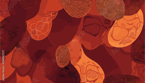 Trendy pattern with soft hand-drawn shadowy spots in deep rust, burnt orange, artistic decor, cozy design, intricate line work, textile wallpaper, vector illustration.