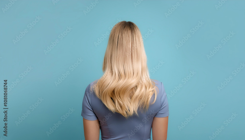 young woman with blonde hair standing with her back to the camera isolated on light blue pastel background young woman with blonde hair standing with her back to the camera isolated on light blue pastel background