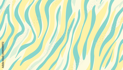 Hand-drawn zebra skin pattern, soft yellow pattern, cyan zebra stripes, fluid zebra design, textile pattern, trendy pattern, kids' room wallpaper, vector illustration