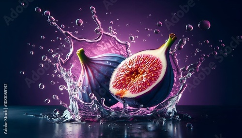 fig in water splash vibrant purple background