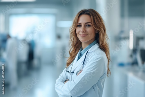 Dedicated female doctor in a modern medical facility during a busy workday