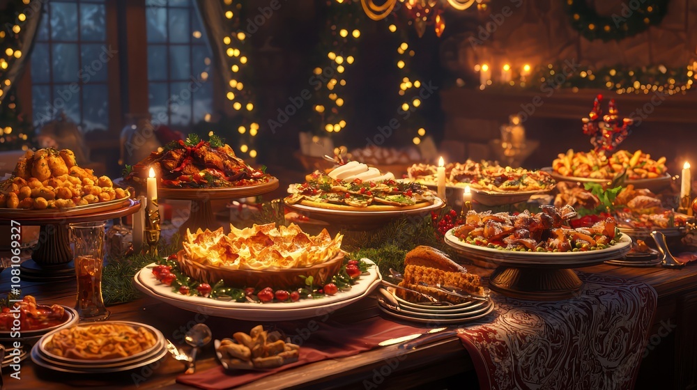 Animated scene of a Christmas dinner buffet with traditional dishes Animated scene of a Christmas dinner buffet with traditional dishes