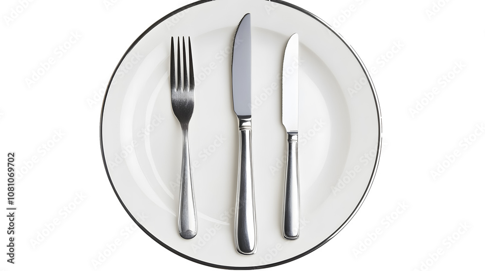 Stainless steel plate with knife and fork on a transparent background. isolated background. Stainless steel plate with knife and fork on a transparent background. isolated background.