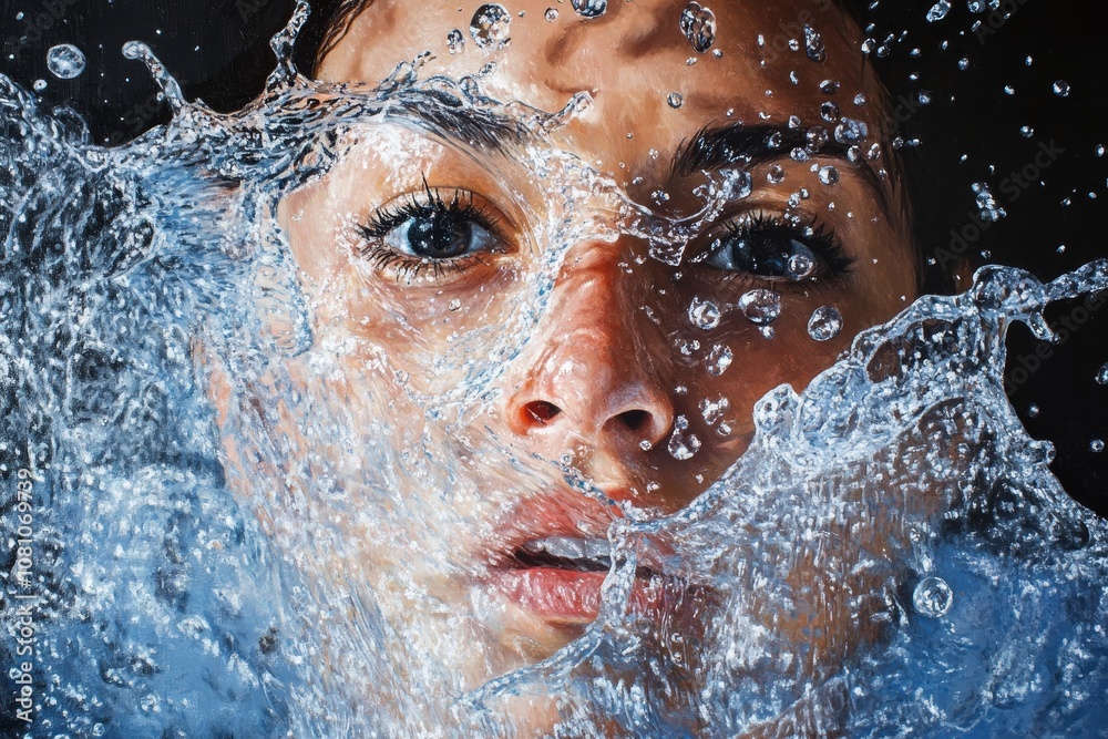 Fototapeta premium A close-up of a woman's face with water splashing around her, conveying a sense of freshness, purity, and energy.