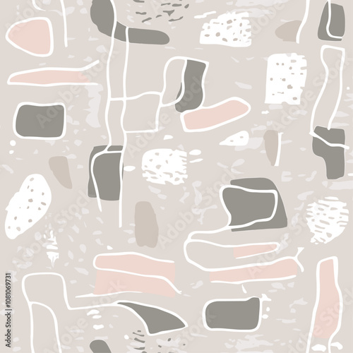 Trendy pattern with hand-drawn abstract lines in pale pink and light gray, minimalist style, fabric design, wallpaper on a warm stone backdrop, vector illustration.