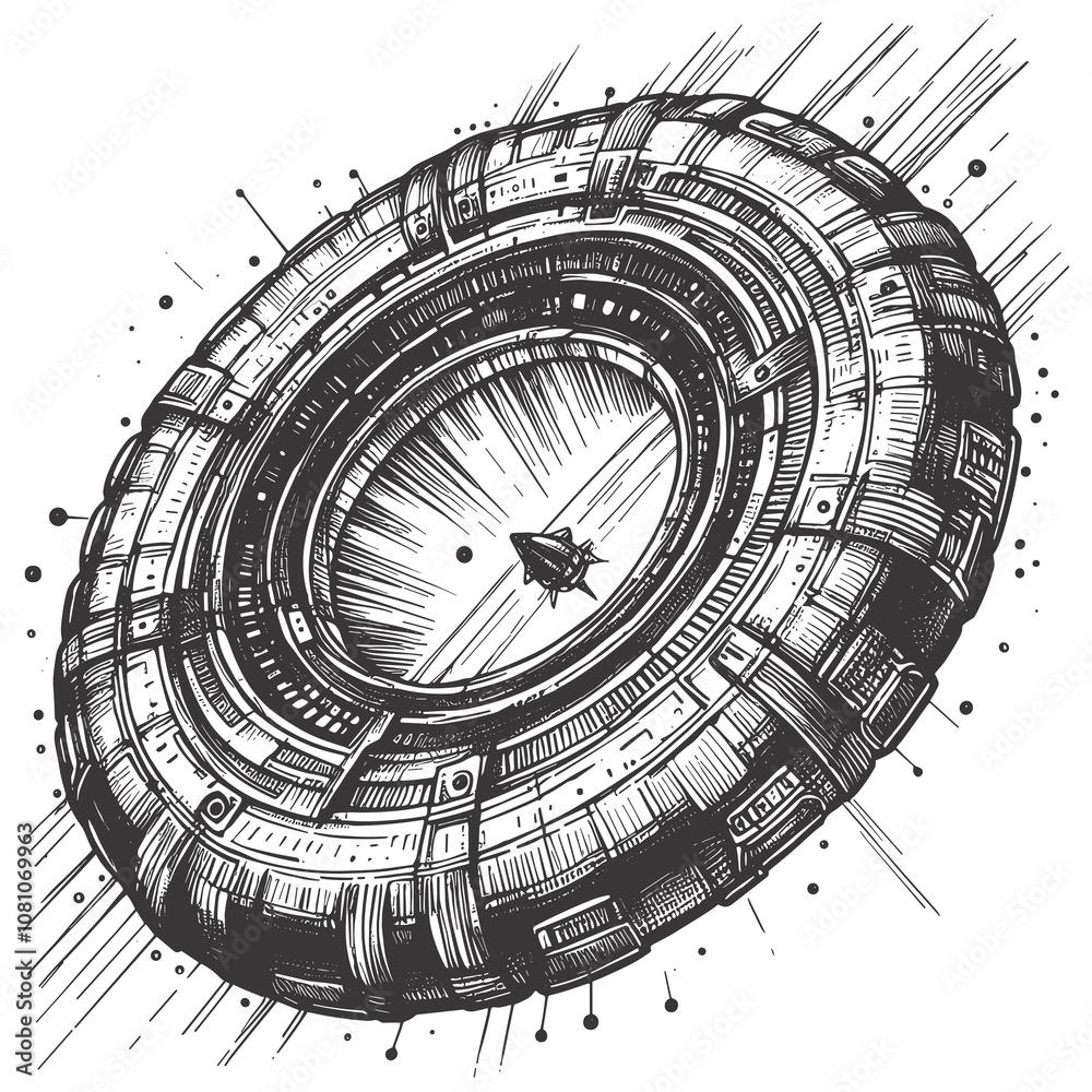 Obraz premium A hand-drawn sketch of a spaceship portal is presented as a vector illustration
