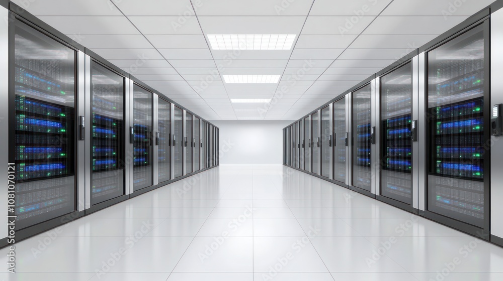 Fototapeta premium Data Center Server Corridor with Illuminated Racks. Perspective View of Technology Infrastructure