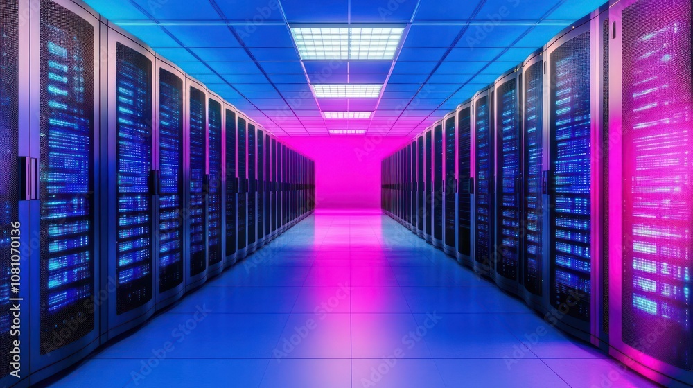 Data Center Server Corridor with Illuminated Racks. Perspective View of Technology Infrastructure