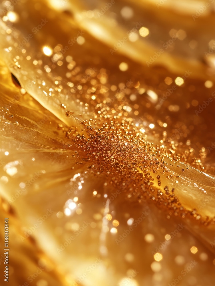 A close-up shot of a golden fruit slice, revealing intricate details of its texture, seeds, and a mesmerizing sparkle. The image evokes concepts of nature's beauty, abundance, richness, and the epheme A close-up shot of a golden fruit slice, revealing intricate details of its texture, seeds, and a mesmerizing sparkle. The image evokes concepts of nature's beauty, abundance, richness, and the epheme