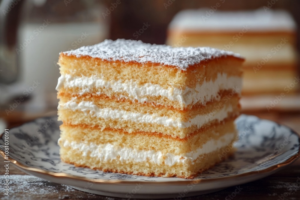 Slice of layered cake with rich cream filling, dusted with icing sugar, served on a decorative plate, creating a tempting dessert presentation Slice of layered cake with rich cream filling, dusted with icing sugar, served on a decorative plate, creating a tempting dessert presentation