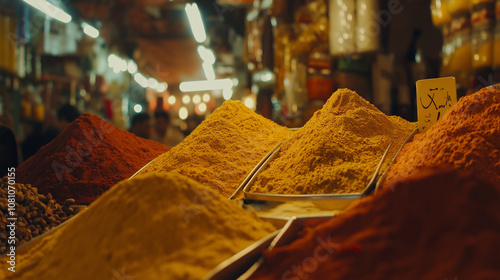 Vibrant Mounds of Spices on Display in a Local Market photo