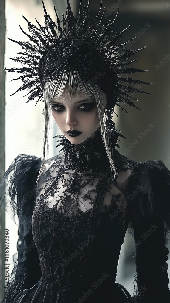 Obraz premium Gothic woman in intricate black headdress portrait