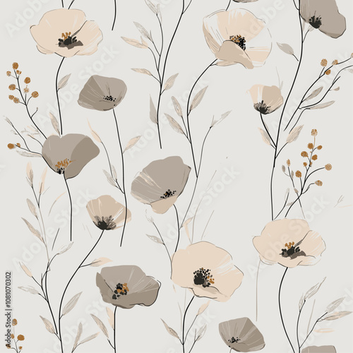 Hand-drawn floral elements in warm beige and muted gray, scattered on light gray background, trendy pattern, fabric design, wallpaper, vector illustration.