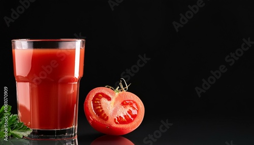 グラスに入ったトマトジュース、黒い背景、コピースペース（tomato juice and copy space）
 photo