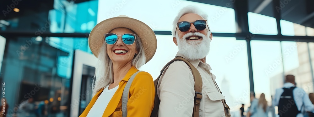 A happy senior couple at the airport, ready for their vacation trip. A happy senior couple at the airport, ready for their vacation trip.