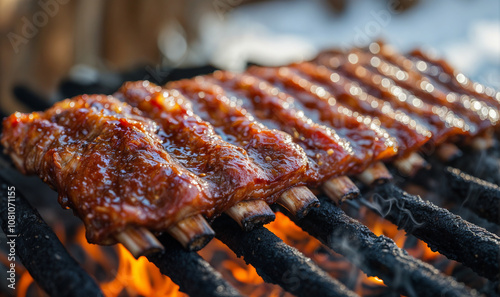  barbecue/ bbq ribs on a grill in the garden in winter with snow in the background