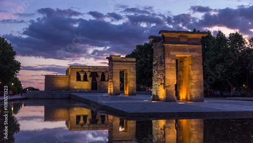 Sunset over the Templo de debod timelapse in Madrid, Spain. photo