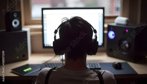 Boy wearing headphones while sitting in front of a computer, children screen time photo