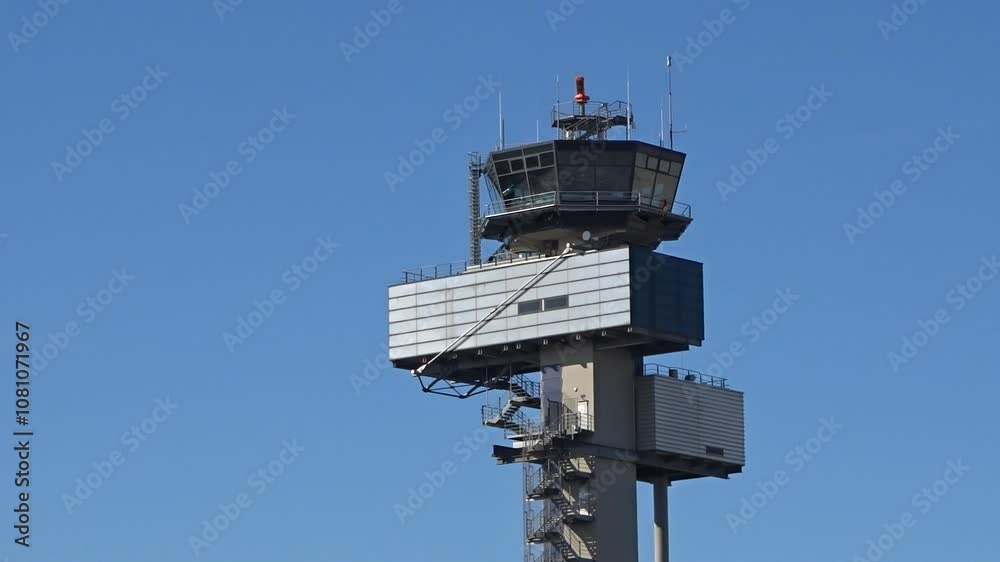 airport control tower stands tall against backdrop clear blue sky radar top crucial for air traffic management essence aviation rotating static shot atc observation safety navigation 