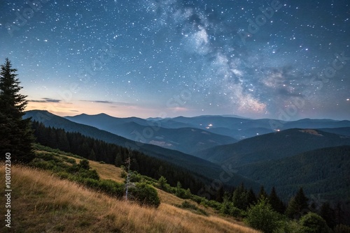 Starry night in the Ukrainian Carpathian Mountains, atmospheric perspective, long exposure