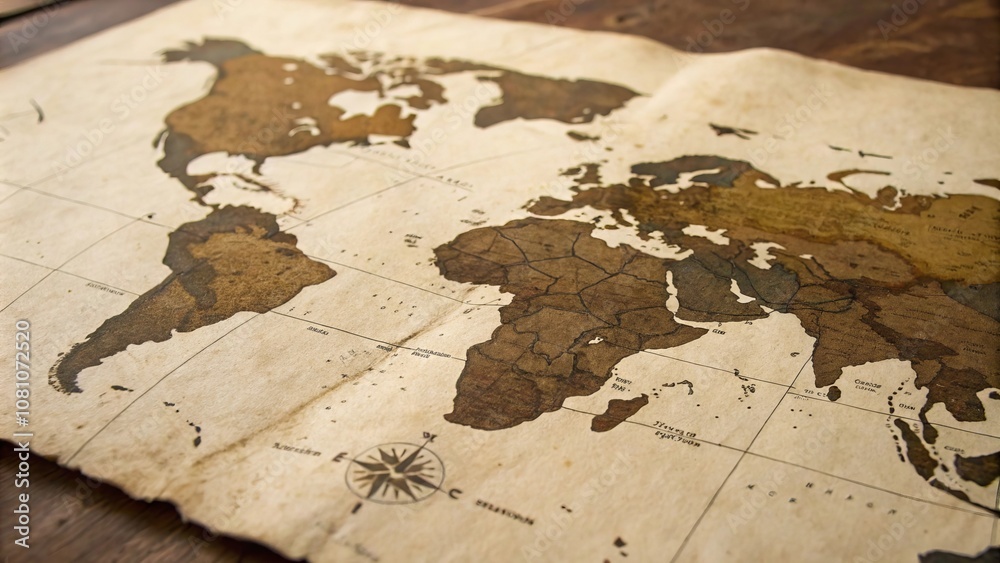 Antique world map with continents on wooden table Antique world map with continents on wooden table