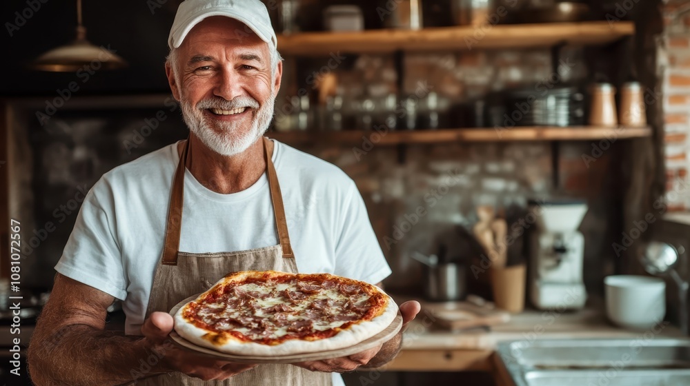 A friendly chef presents a pizza with pepperoni and cheese in an artisan kitchen. Stone walls and hanging pans add to the traditional cooking atmosphere.