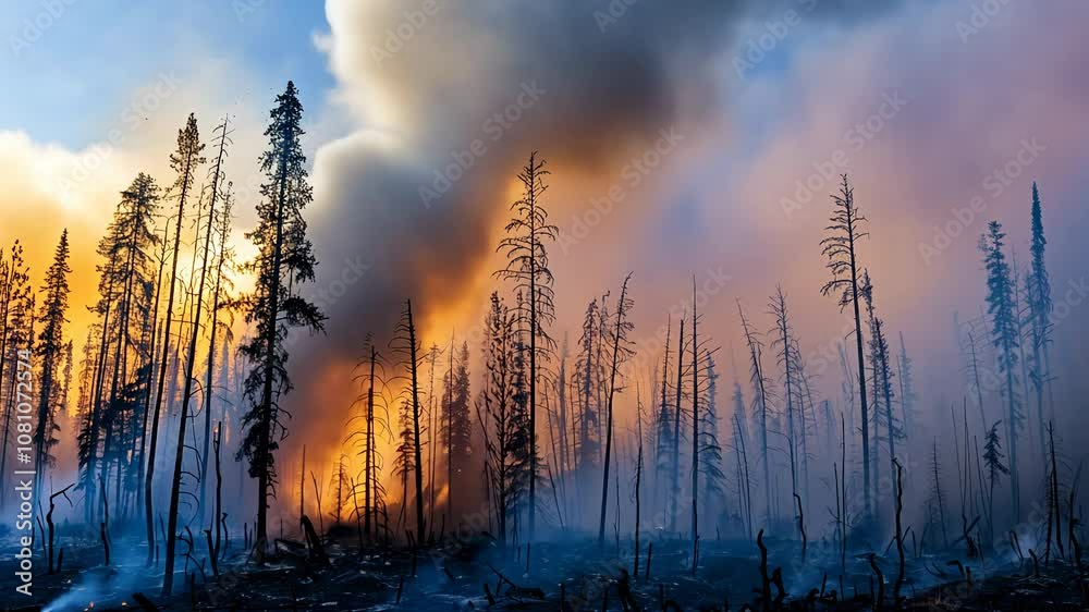 Landscape ravaged by wildfires, with billowing smoke and charred trees, destructive impact of climate change-induced wildfires on ecosystems Landscape ravaged by wildfires, with billowing smoke and charred trees, destructive impact of climate change-induced wildfires on ecosystems